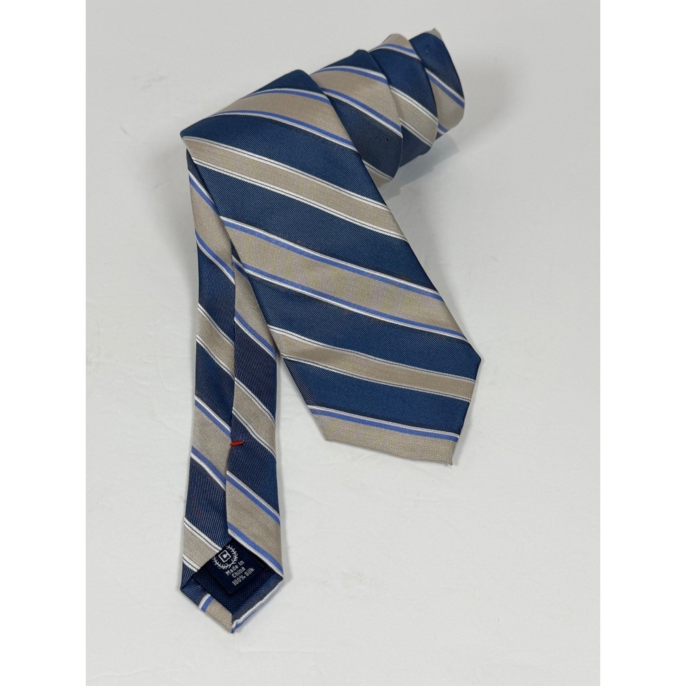 Chaps‎ Mens Silk Necktie Navy Blue Tan Striped Classic Formal Business Tie